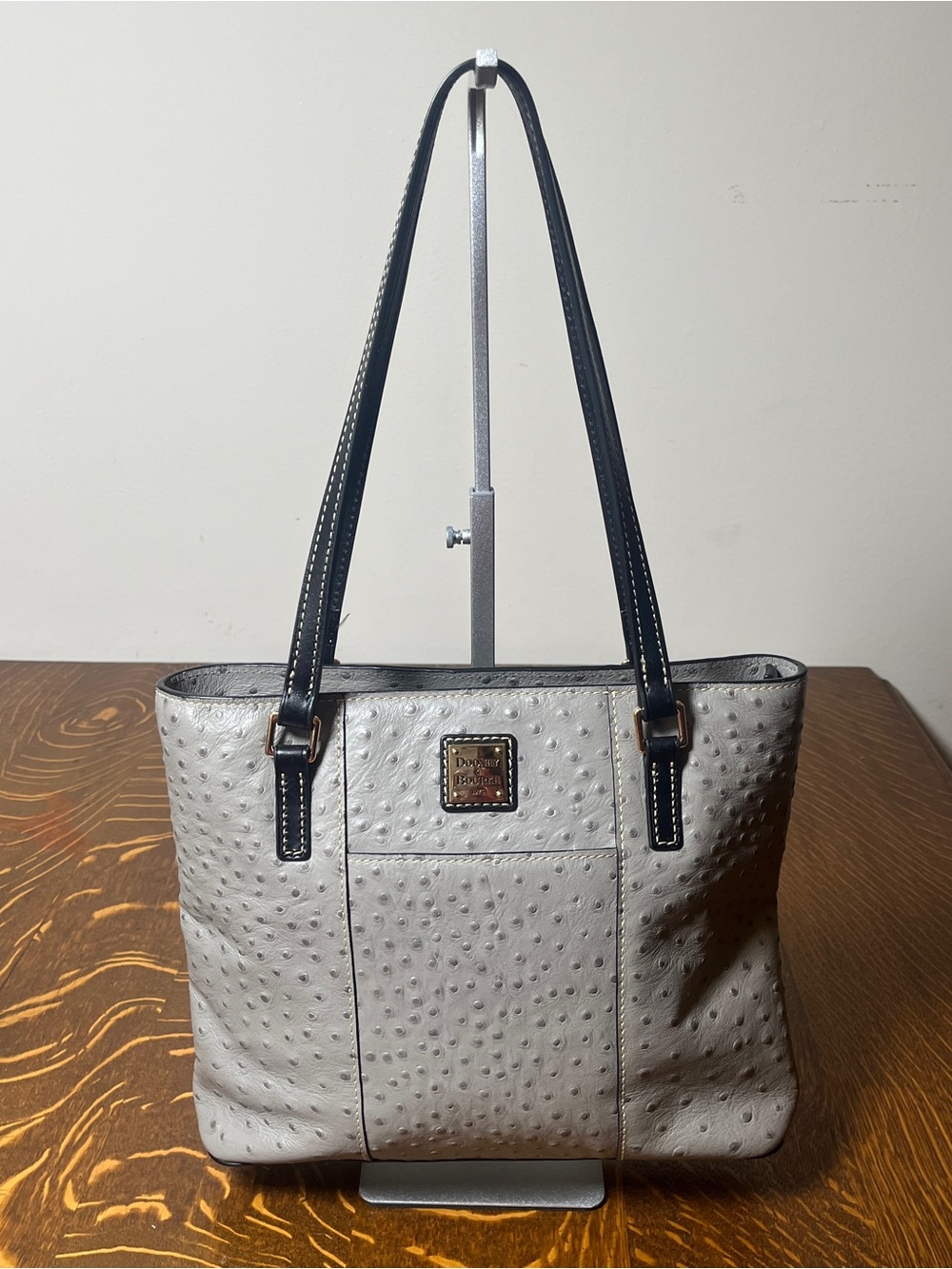 Dooney & Bourke Gray Ostrich-Embossed Shoulder Lexington Tote with Black Straps
